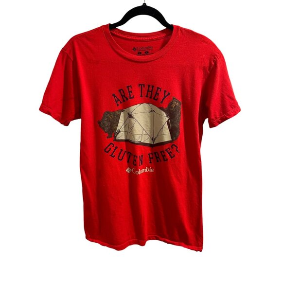 🍒 2/$20 🍒 Columbia Red "Are They Gluten Free?" Graphic T-Shirt S Cotton - Picture 1 of 5